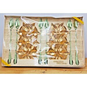 Tallstirs Coaster Gift Set Green Spoons-Gold Colored Coasters-Vintage MCM